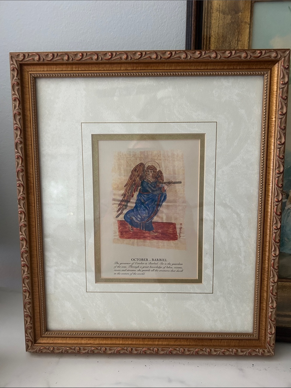 Vintage Gold original wood  Frame with Blue-Robed Angel Print 13 x 15 inch ,